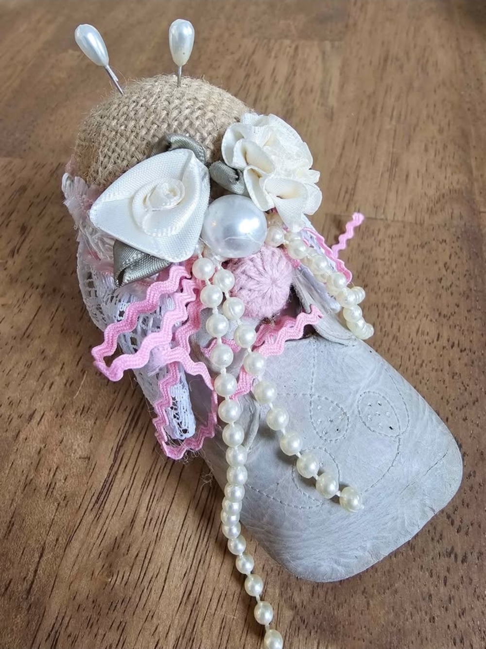 Handcrafted Decorative Pin Cushion Shoe with Pearls & Pink Trim